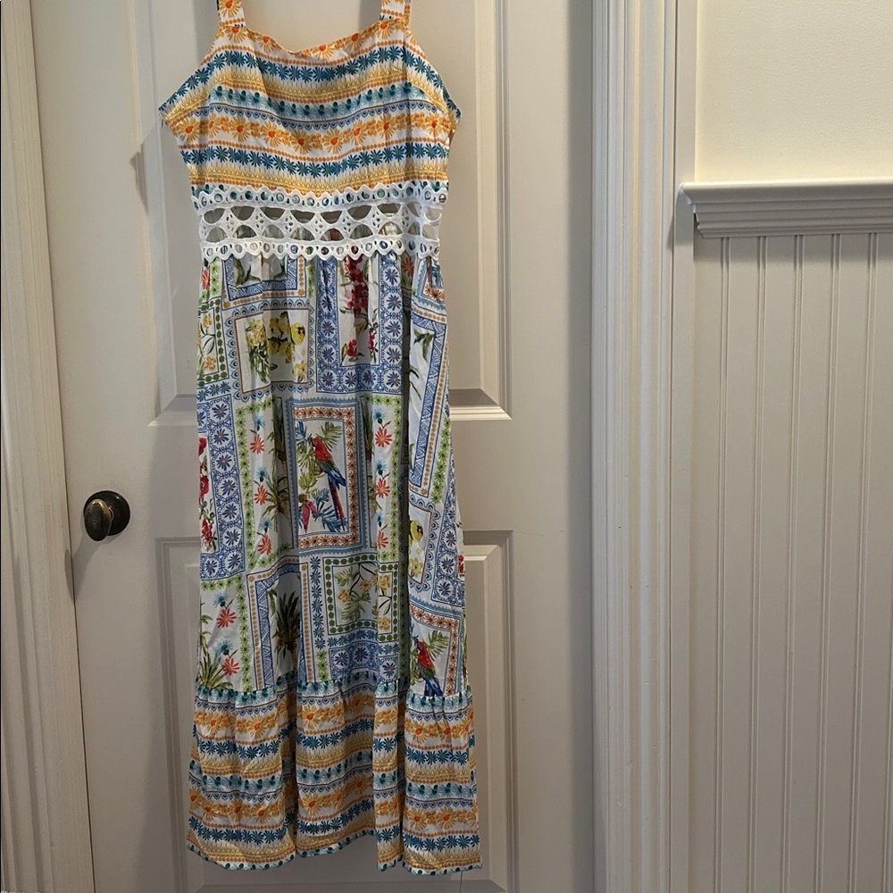 NWT Cupshe Floral Mediterranean pattern strap lace cutouts ruffles Maxi Dress XL